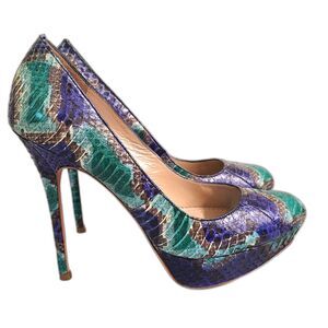 Jean-Michel Cazabat Snakeskin Platform Heels Sz 38 Blue Green Party Pumps Artsy
